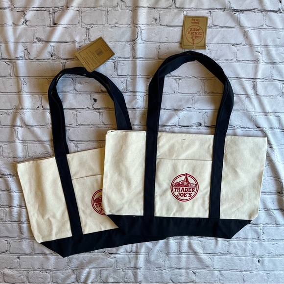 Lot Of 2 Trader Joe’s Large Tote Bags Embroidered Double-Sided Brand New W Tags - Picture 1 of 13